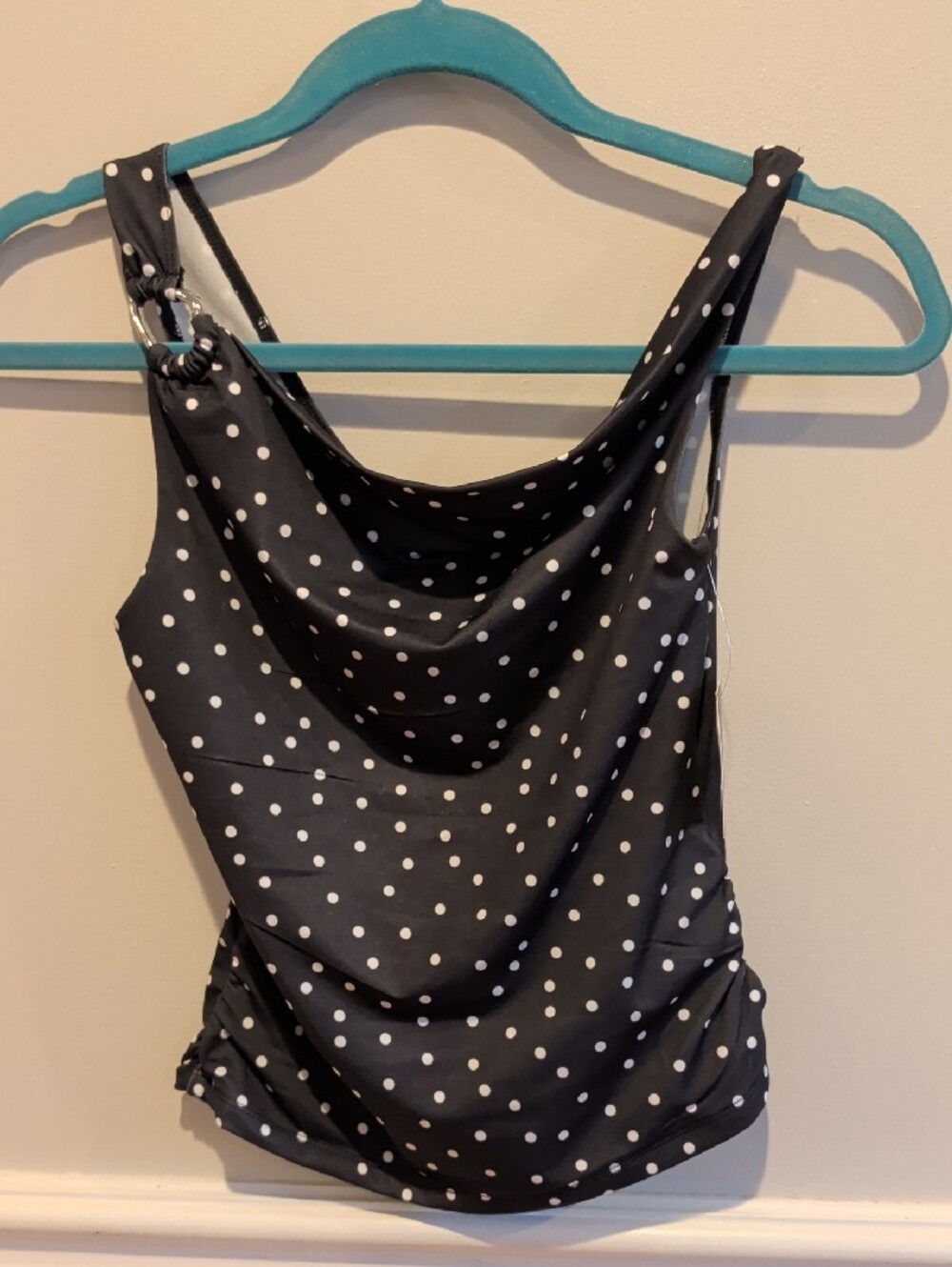 s. black Polka Dot Metal Accent, Draped Neck Tank Top